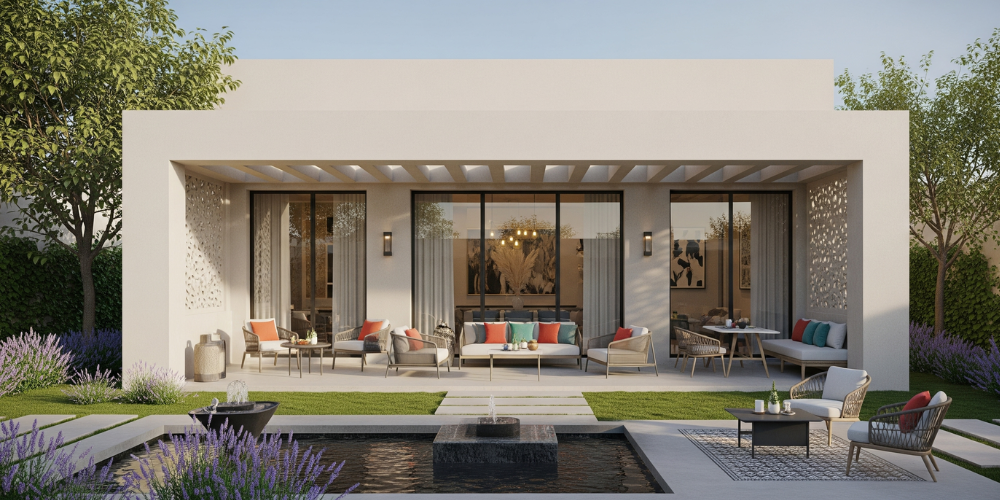 ملحق خارجي حديث ذو تصميم بسيط ملحق بمنزل سعودي، محاط بحديقة هادئة ونباتات محلية، مع نوافذ كبيرة تسمح بدخول الضوء الطبيعي وتجهيزات جلوس أنيقة.