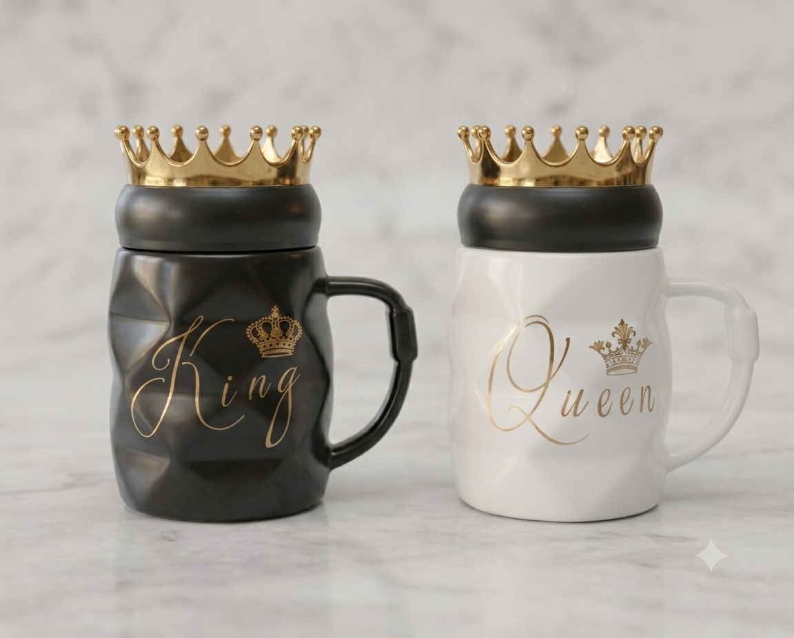 طقم مجات King & Queen فاخر مع غطاء تاج ذهبي